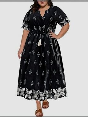 Black Printed Maxi Dress with Tassel Waist
